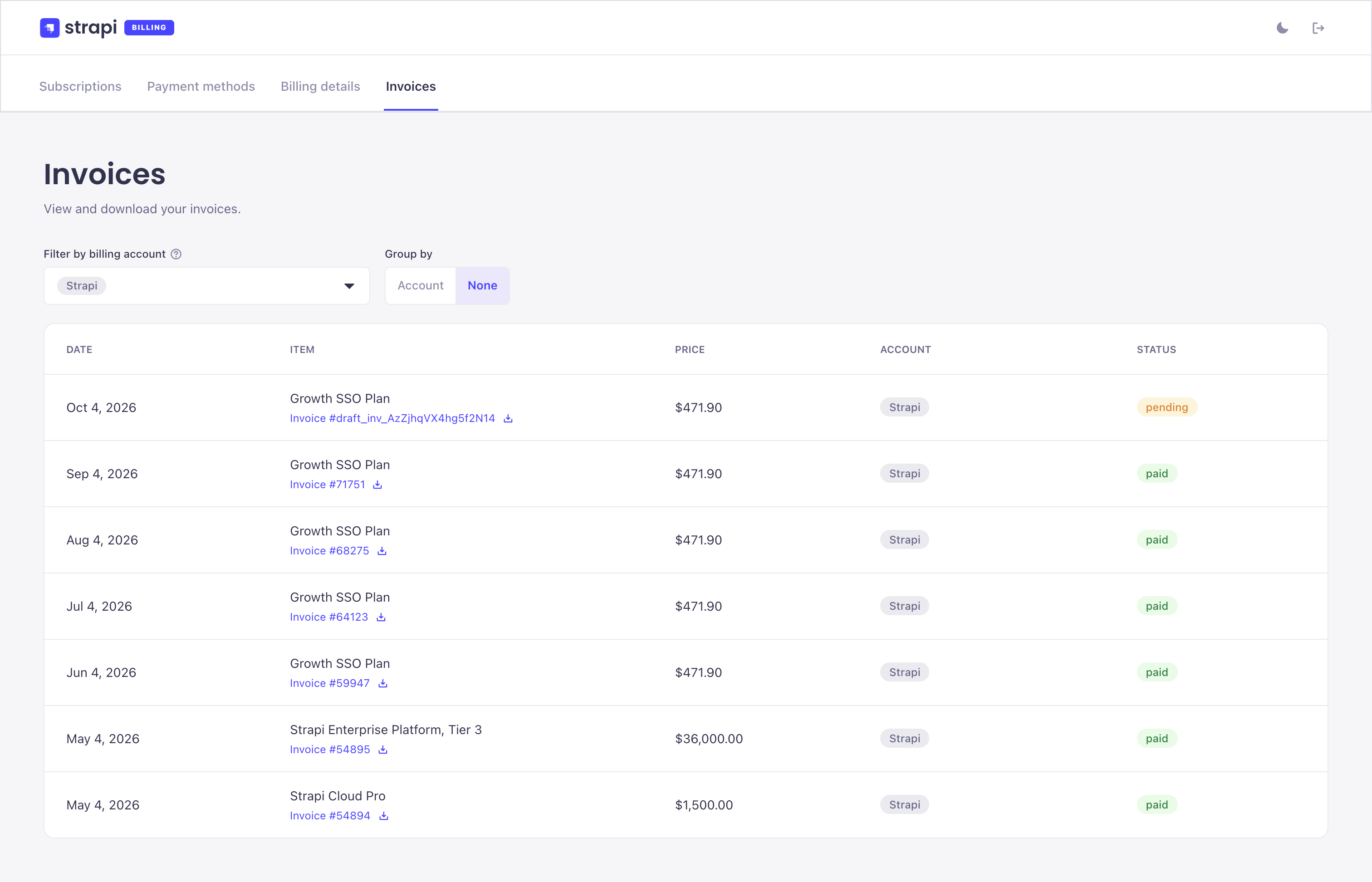 Billing portal screenshot: invoices